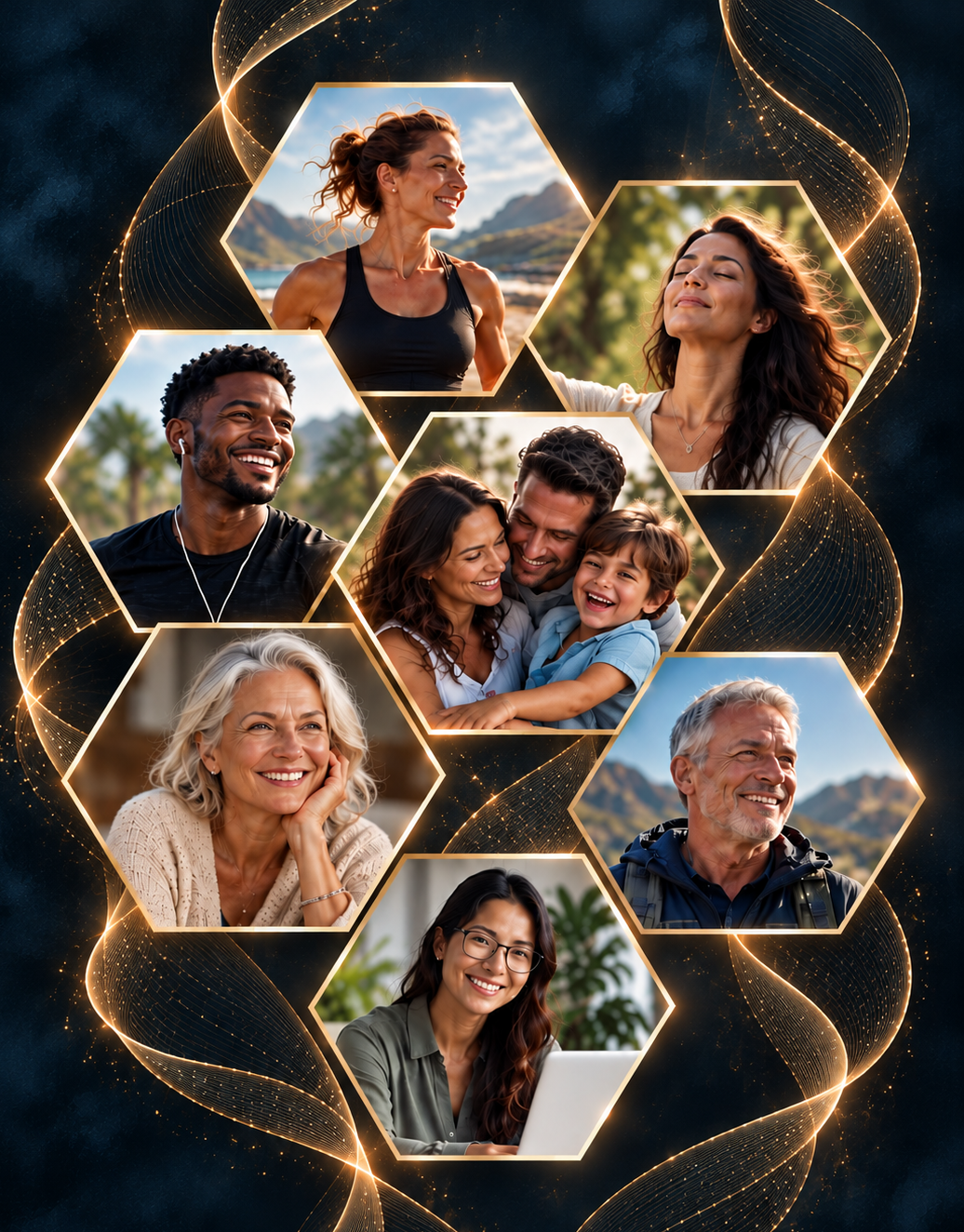 Illustration of diverse people connected by glowing golden threads, representing human connection, relationships and emotional wellbeing.