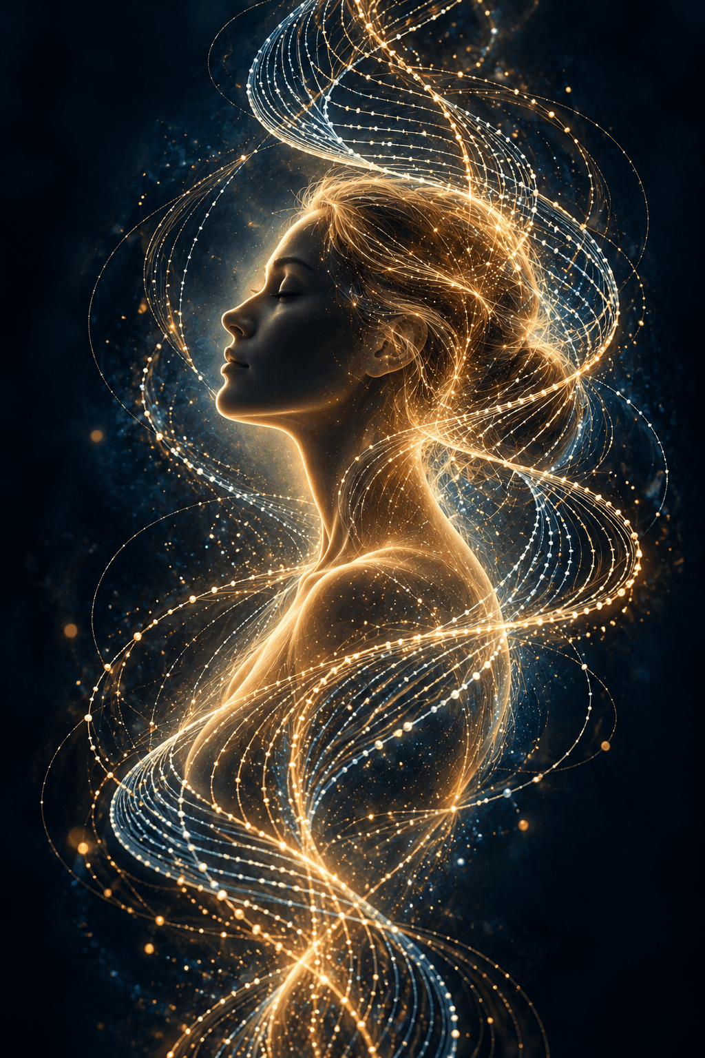 Digital illustration of a woman surrounded by glowing DNA-inspired strands, representing personalised wellness and SCIO biofeedback at Chayyim Centre.