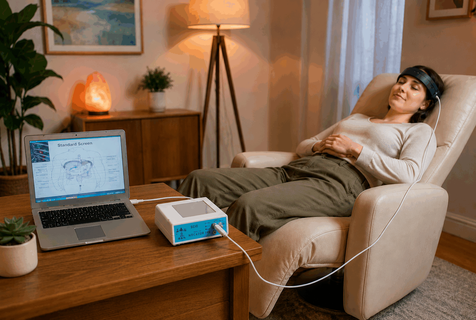 Illustration of a woman relaxing during a SCIO biofeedback wellness session, with SCIO equipment and a laptop beside her.